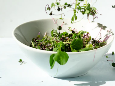Microgreens falling into a white bowl against a pale background.