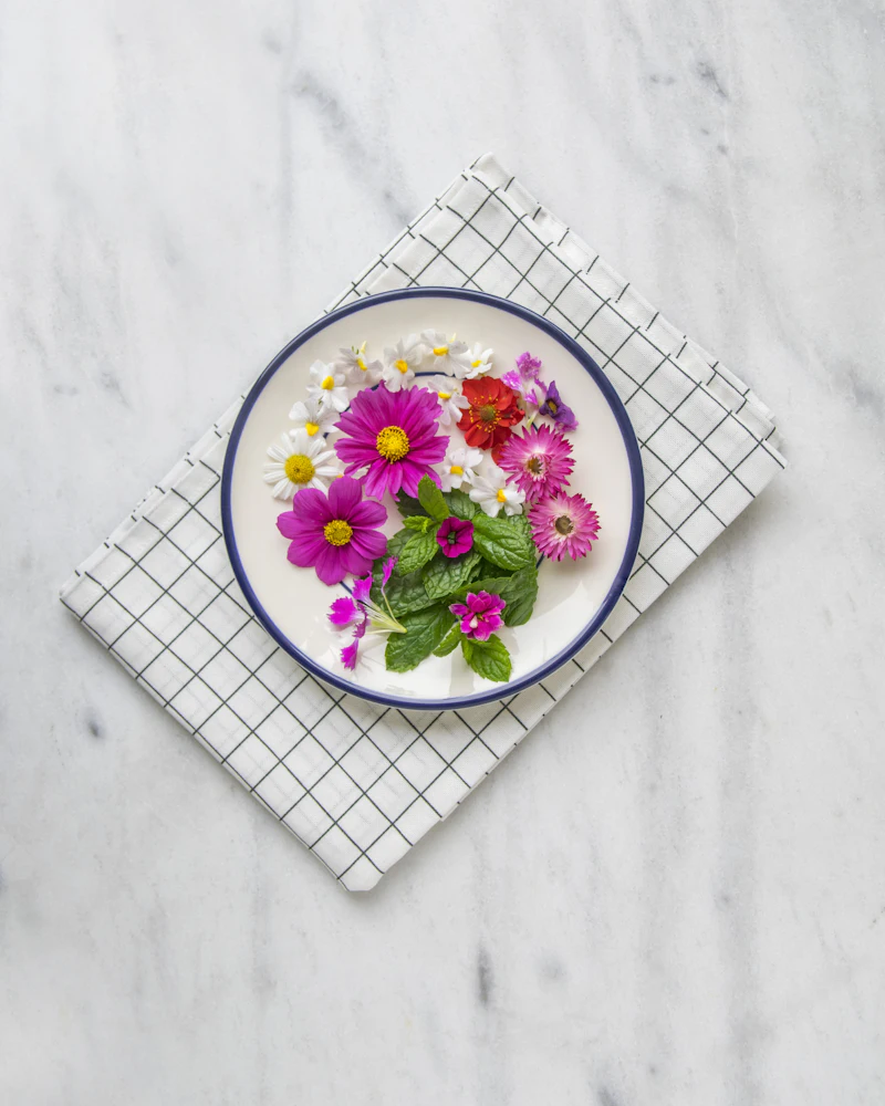 Pink and magenta edible flowers with mint leaves arranged on a white plate.