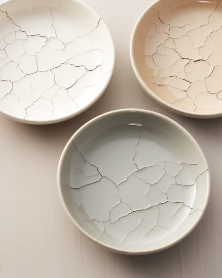 Three crackle-glazed bowls in ivory, cream and pale sage on a bright surface.